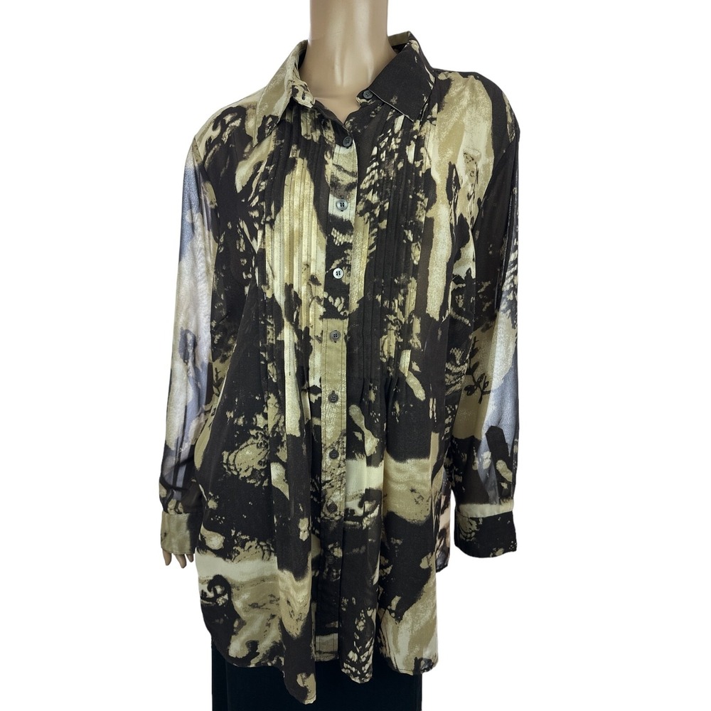 Chaus Blouse Size 20W Collared Button-Up Sheer Light & Dark Brown Polyester